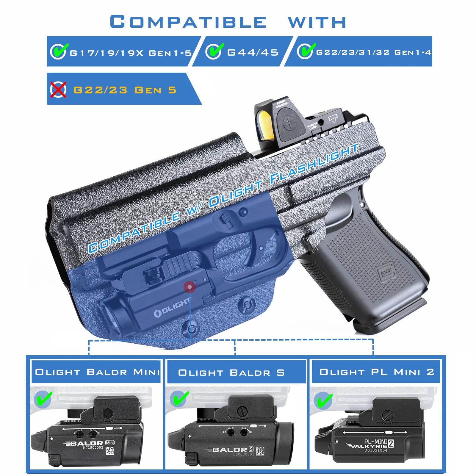 IWB Kydex Holster for Glock 19 19X 23 25 32 44 45 with Olight PL MINI 2 Valkyrie Flashlight inside Waistband Concealed Carry
